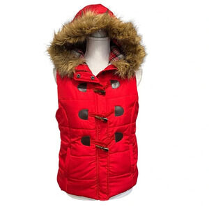 Love Tree Womens Medium Faux Fur Hooded Puffer Vest Red Lined Full Zip Gorpcore